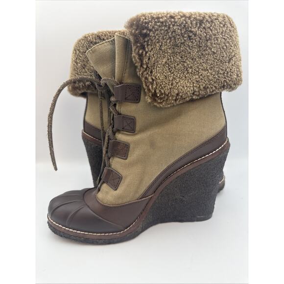 Tory Burch Boots Women Fairfax 8M Olive/ Brown Shearling LaceUp Combat Wedge - Picture 6 of 12